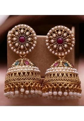 Traditonal Ethnic Studded Gold Platted Big Oxxidize For Girl Beads, Cubic Zirconia Alloy, Brass Jhumki Earring, Drops & Danglers