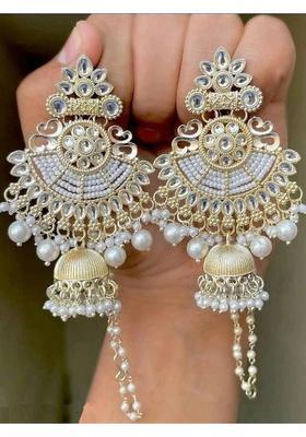 kundan kan chain jumki Drop And Danglers Kundan Mirror Log White Jaco Moti Beads Alloy Earring Set
