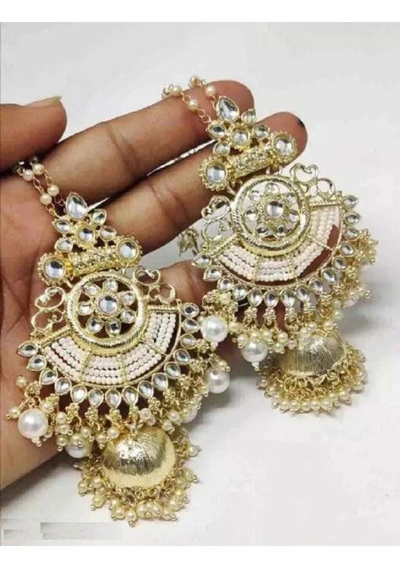 kundan kan chain jumki Drop And Danglers Kundan Mirror Log White Jaco Moti Beads Alloy Earring Set - Indya
