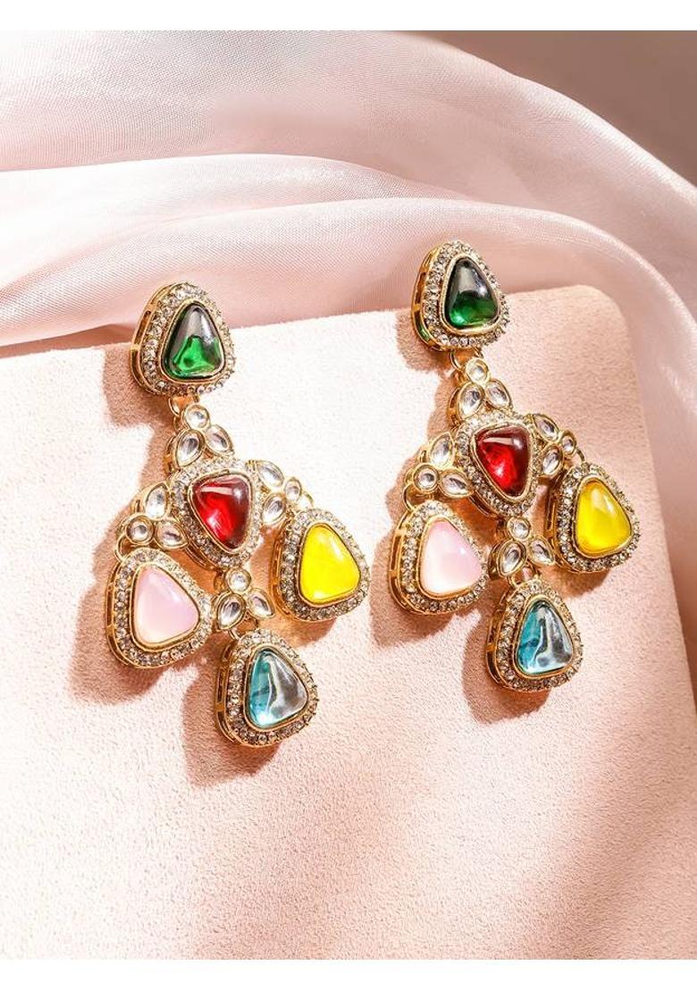 22K Gold-Plated Multicolor Triangle Cubic Zirconia Studded Chandelier Earrings Brass Chandbali Earring - Indya