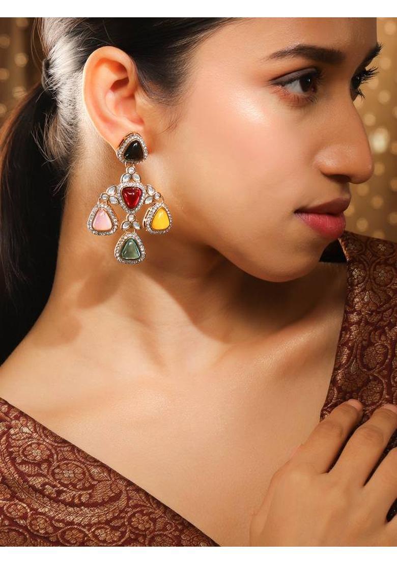 22K Gold-Plated Multicolor Triangle Cubic Zirconia Studded Chandelier Earrings Brass Chandbali Earring - Indya