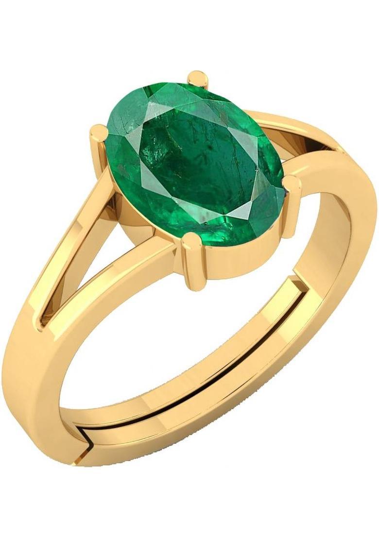 12.25 Ratti Green Emerald Panna Ring Panchdhatu With Lab Certified Adjustable Stone, Brass Emerald Ring - Indya