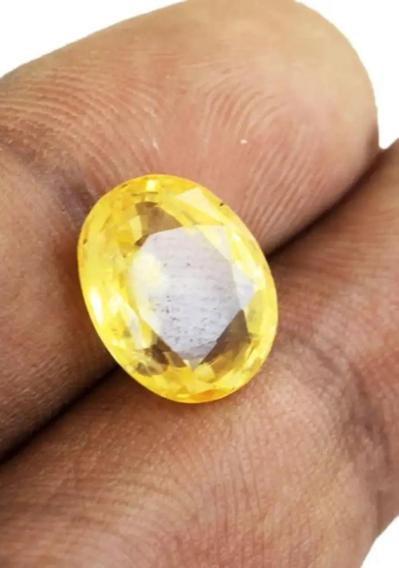 11.25 Yellow Pukhraj Sapphire Gemstone Ring With Lab Certified Stone, Brass Sapphire Brass Plated Ring - Indya