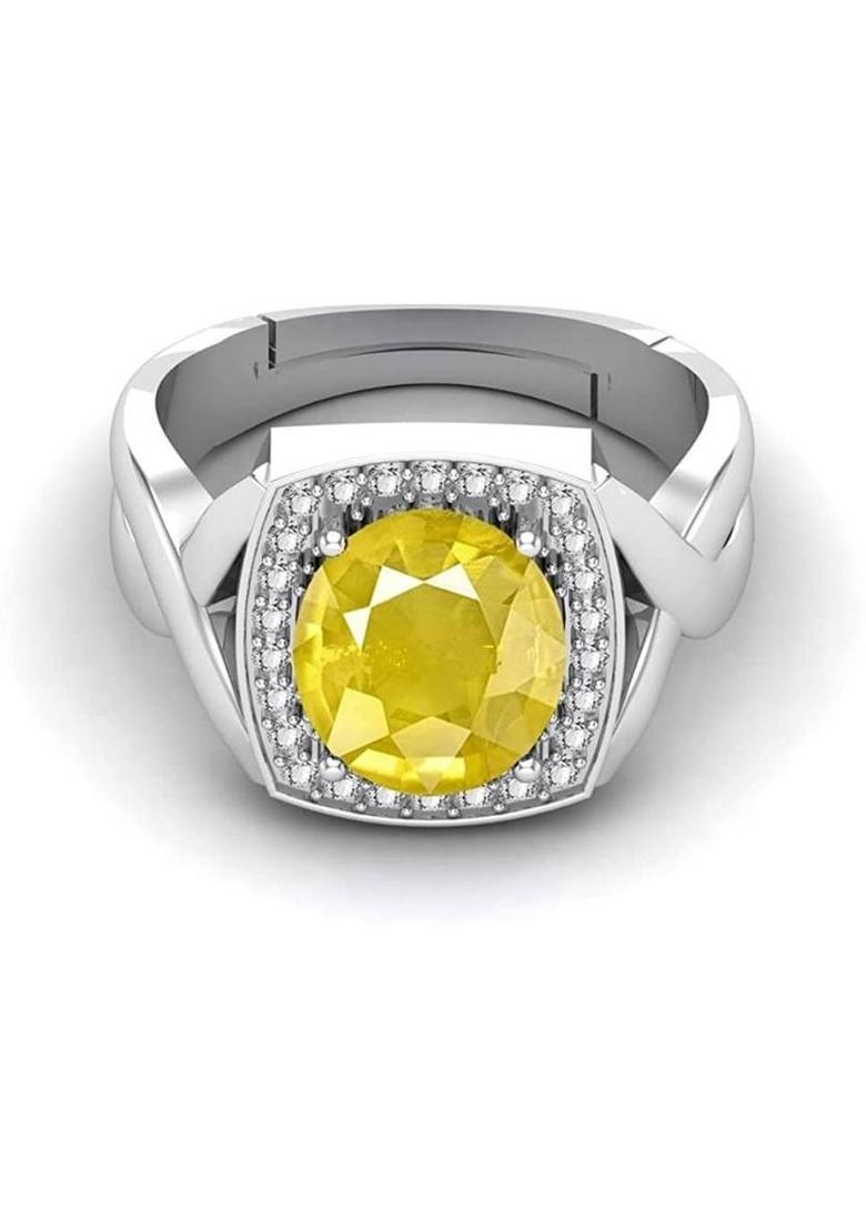 7.25 Carat Certified Unheated Untreatet A+ Quality Natural Original Gold Platted Yellow Sapphire Pukhraj Gemstone Adjustable Ring Metal Sapphire Silver Plated Ring - Indya