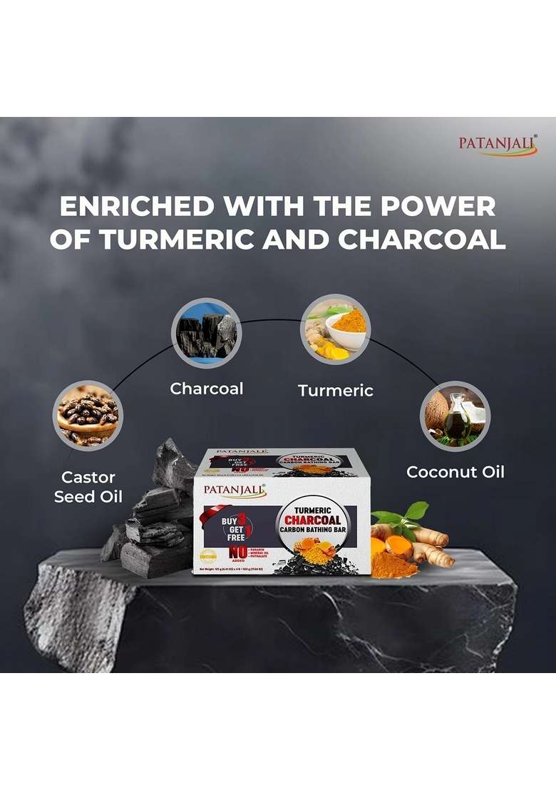 Patanjali Turmeric Charcoal Bathing Bar 125g (B3 G1) 13.23 oz (375 GM) - Indya
