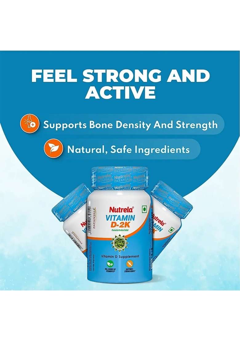 Patanjali Nutrela Vitamin D-2K Natural - 60 Chewable Tablets for Men & Women - Vanilla Flavor (pack of 3) 0.85 oz (24 GM) - Indya