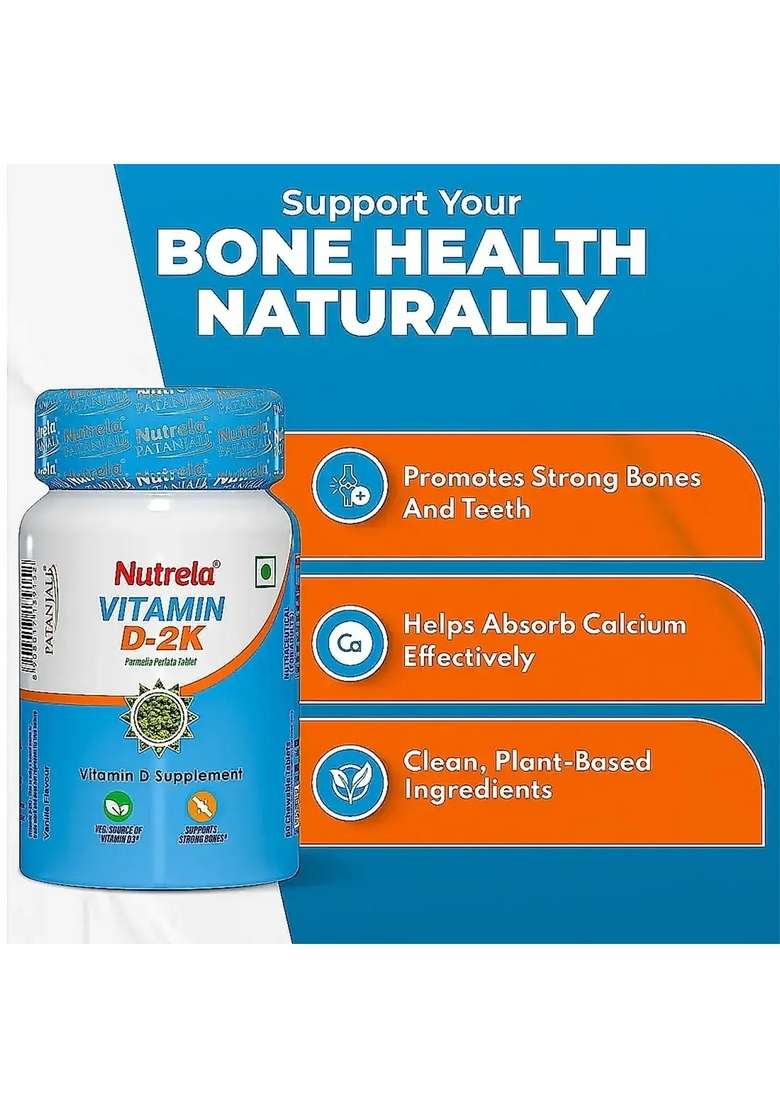 Patanjali Nutrela Vitamin D-2K Natural - 60 Chewable Tablets for Men & Women - Vanilla Flavor (pack of 3) 0.85 oz (24 GM) - Indya