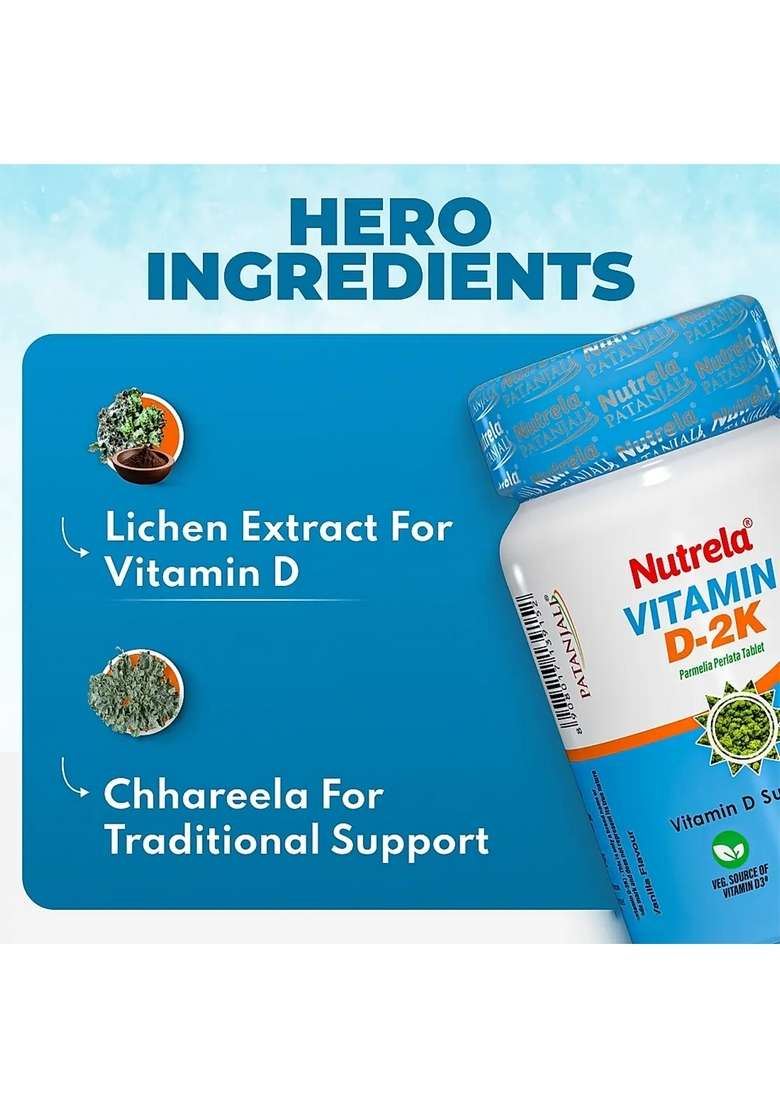 Patanjali Nutrela Vitamin D-2K Natural - 60 Chewable Tablets for Men & Women - Vanilla Flavor (pack of 3) 0.85 oz (24 GM) - Indya