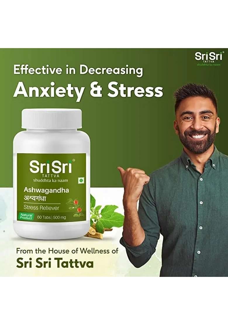 SRI SRI TATTV Ashwagandha - Stress Relief | Balances Nervous System | Promotes Quality Sleep | Restores Energy & Strength | 60 Tabs, 500 mg - Indya