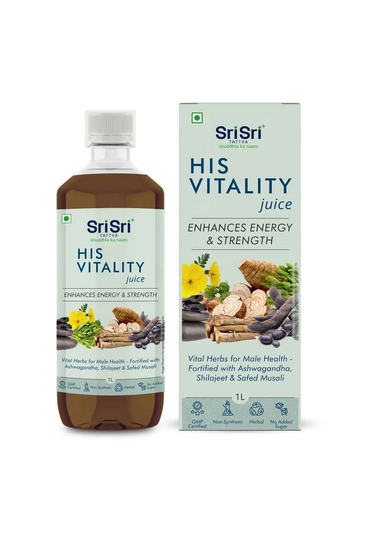 SRI SRI TATTV His Vitality Juice - Enhances Energy & Strength | Vital Herbs For Male Health - Fortified With Ashwagandha, Shilajeet & Safed Musali | 1 L - Indya