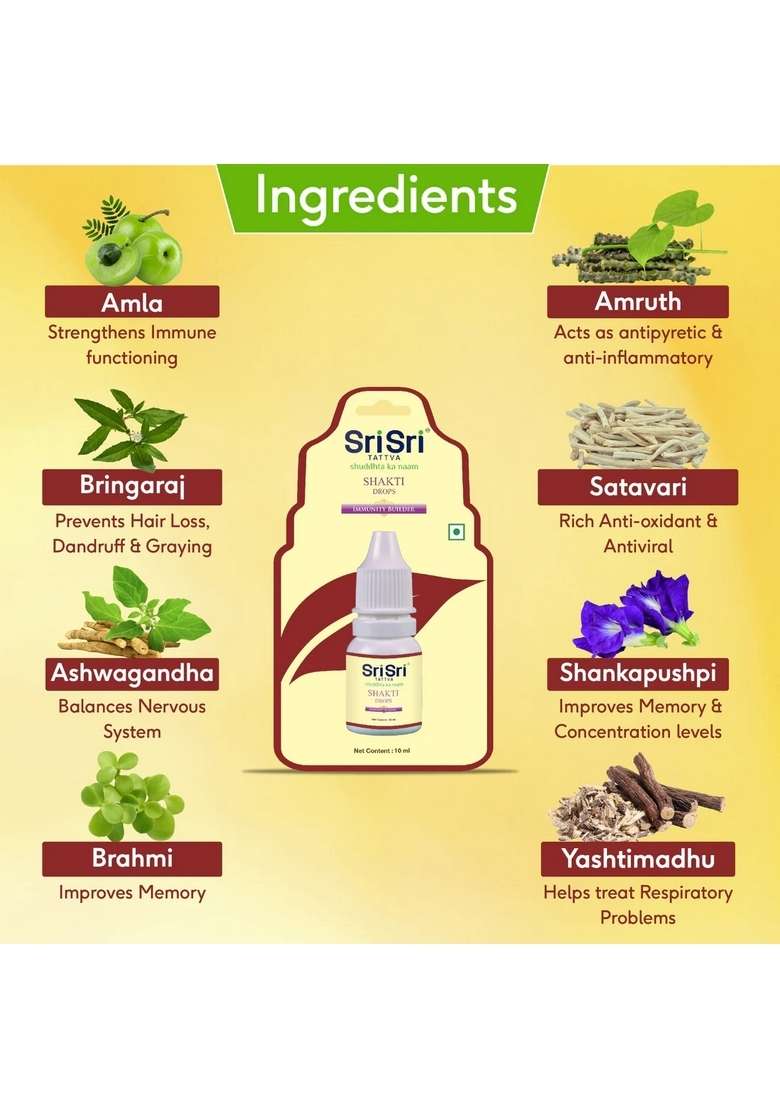 SRI SRI TATTV Shakti Drops - Ayurvedic Immunity Booster For All | Best For Strength & Stamina, Relief From Cold & Sore Throat | 10 ml - Indya