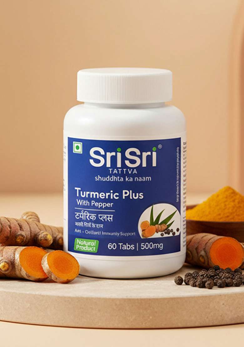 SRI SRI TATTV Turmeric Plus - With Pepper | Anti-Inflammatory, Antiseptic, Antibacterial properties and Immunity support | 60 Tabs, 500 mg - Indya