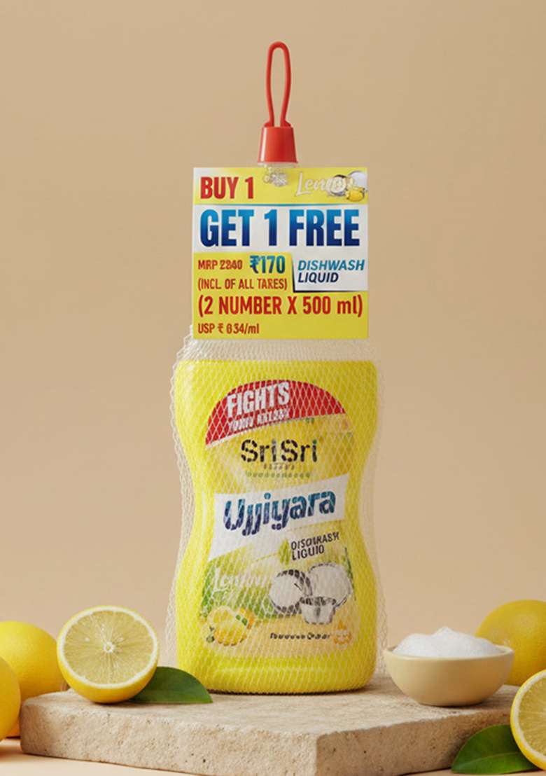 SRI SRI TATTV Ujjiyara Liquid Dishwash Lemon - Removes Odour, 500 ml (Buy 1 Get 1) - Indya