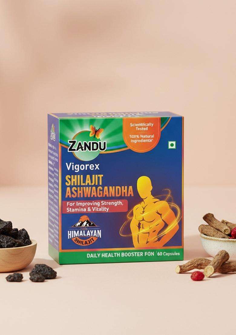 Zandu Emami Vigorex Shilajit Ashwagandha Capsules for Strength, Stamina & Vitality (60 Caps) - Indya