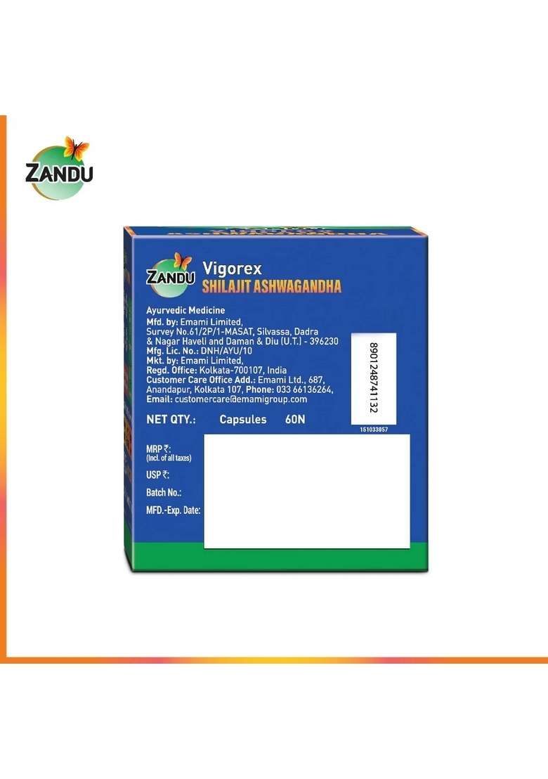 Zandu Emami Vigorex Shilajit Ashwagandha Capsules for Strength, Stamina & Vitality (60 Caps) - Indya