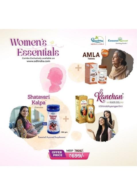Dhootapapeshwar Women'S Essentials (Shatavari Kalpa (Elaichi Flavour) [350 Gm] + Kanchan Hair Oil + Amla Plus With Zinc Tablets)