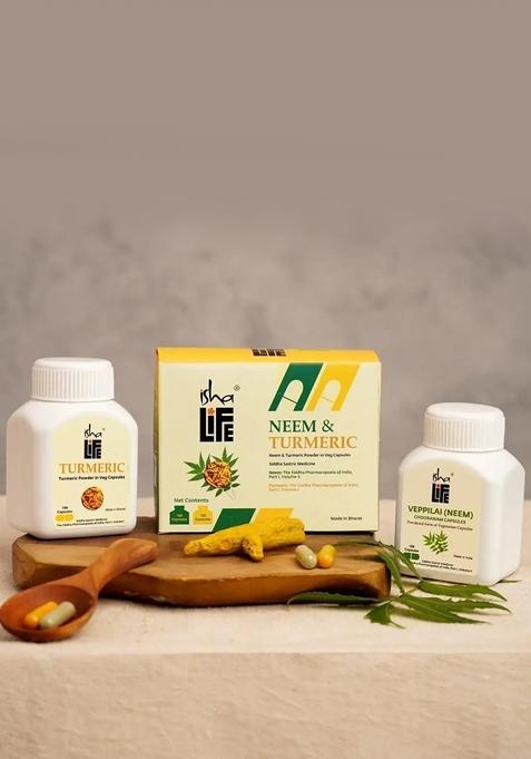 ISHALIFE Neem and Turmeric powder in veg capsules. Combo pack.