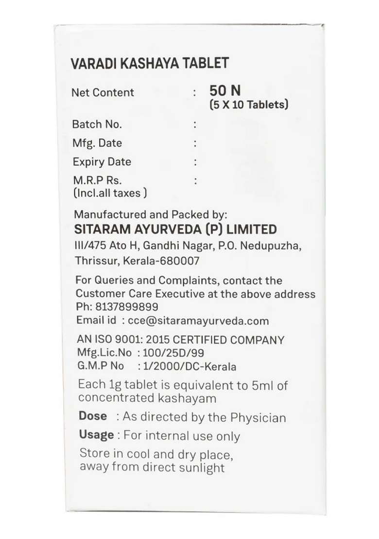 Sitaram Ayurveda Varadi Kashayam Tablet 50 Nos - Indya