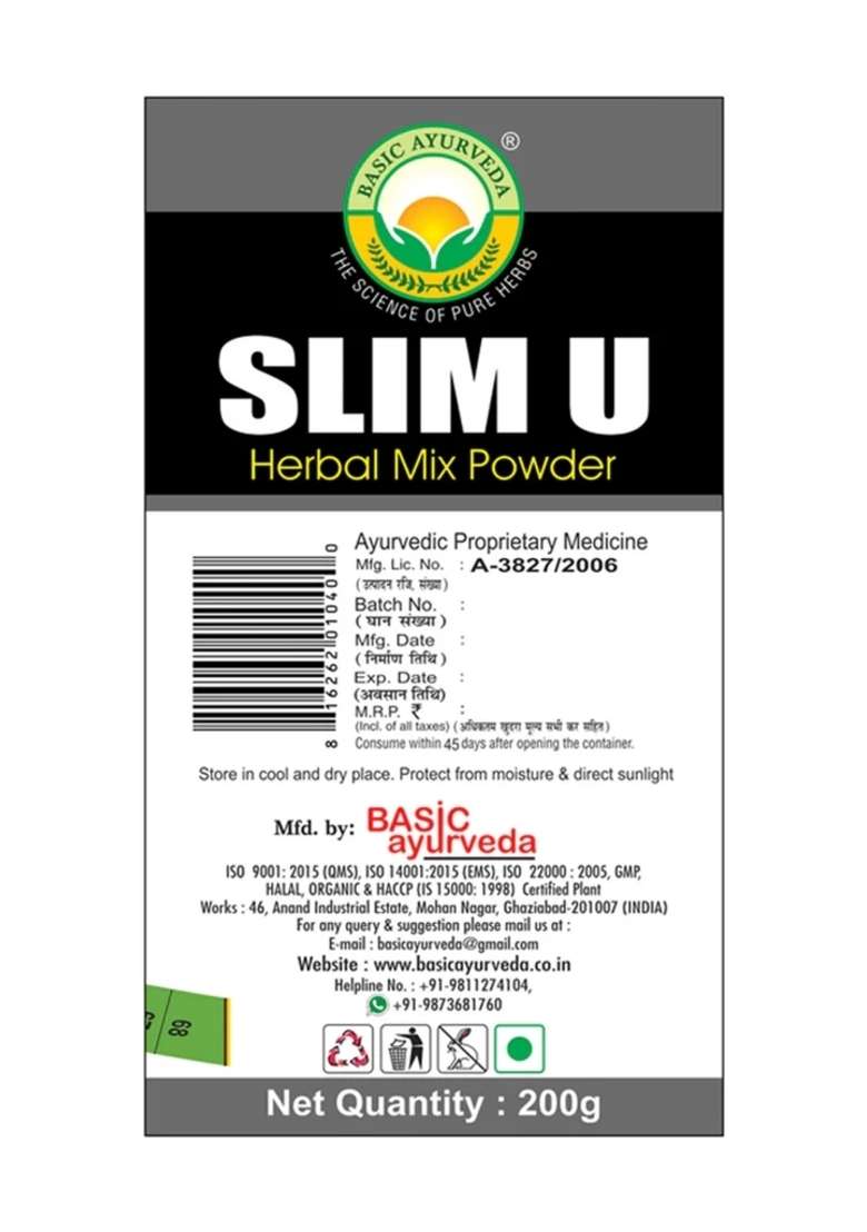 Basic Ayurveda Slim U Herbal Mix Powder 200 Gram - Indya
