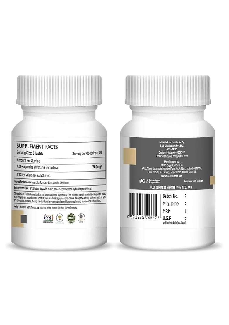 Healthnwellness H&C Natural Ashwagandha Tablets 350Mg - Stress Relief & Vitality Support 60 Tablets - Indya