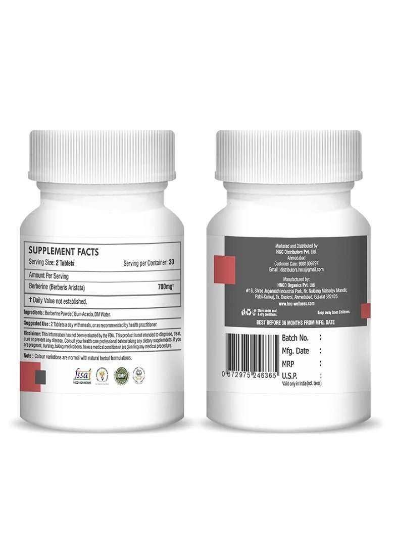 Healthnwellness H&C Natural Berberine Tablet 350Mg 60 Count - Blood Sugar & Metabolic Support - Indya