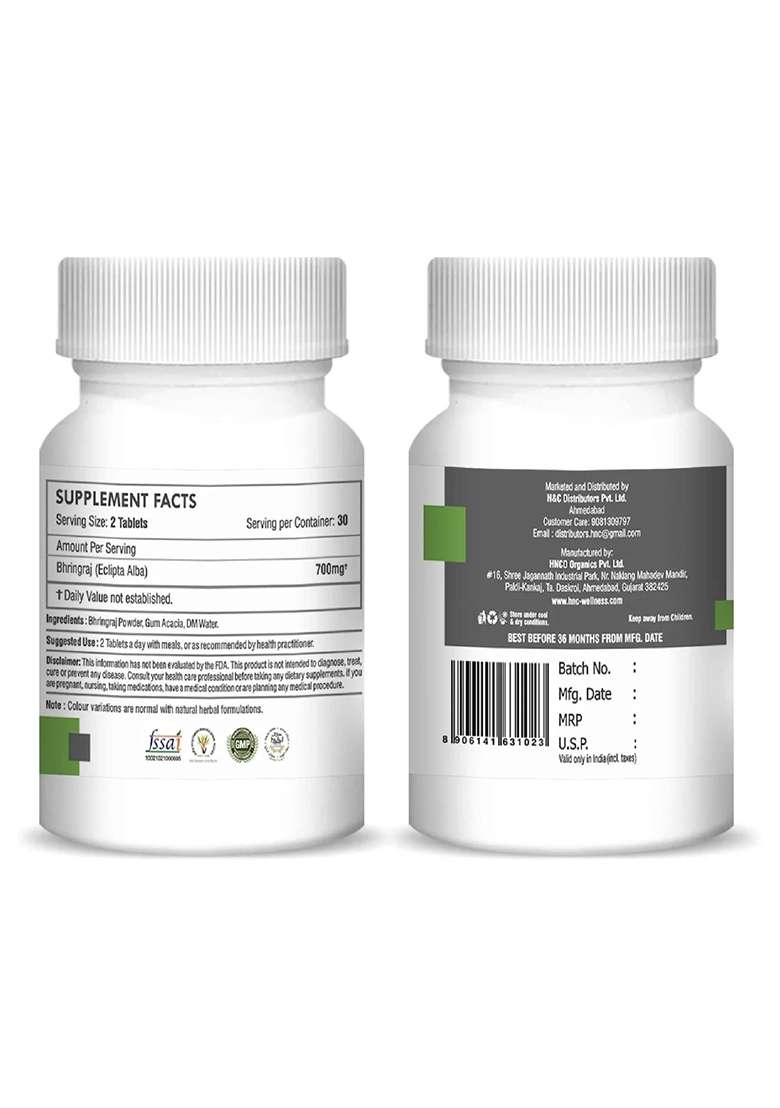 Healthnwellness H&C Natural Bhringraj Tablets 60 Count - Hair Growth & Liver Support - Indya
