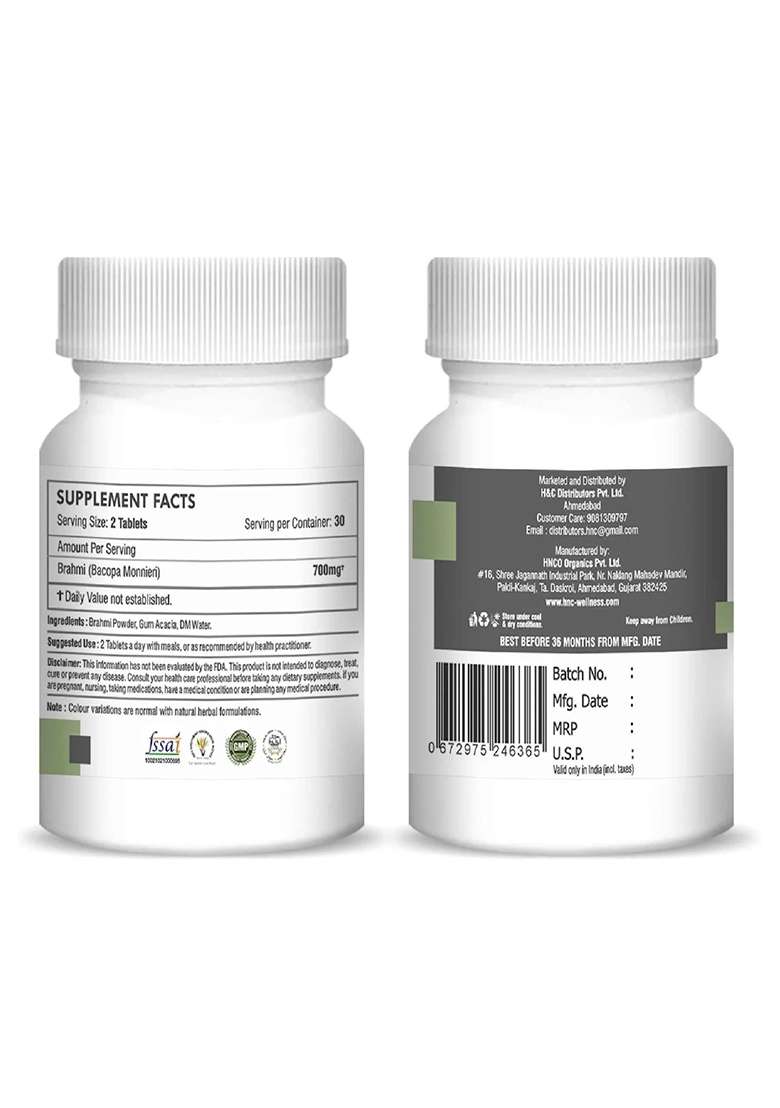 Healthnwellness H&C Natural Brahmi Tablet 350Mg - Memory & Focus Booster 60 Tablets - Indya