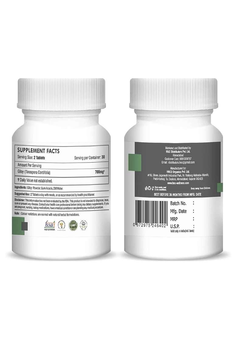 Healthnwellness H&C Natural Guduchi (Giloy) Tablet 60 Count - Immunity & Vitality Support - Indya