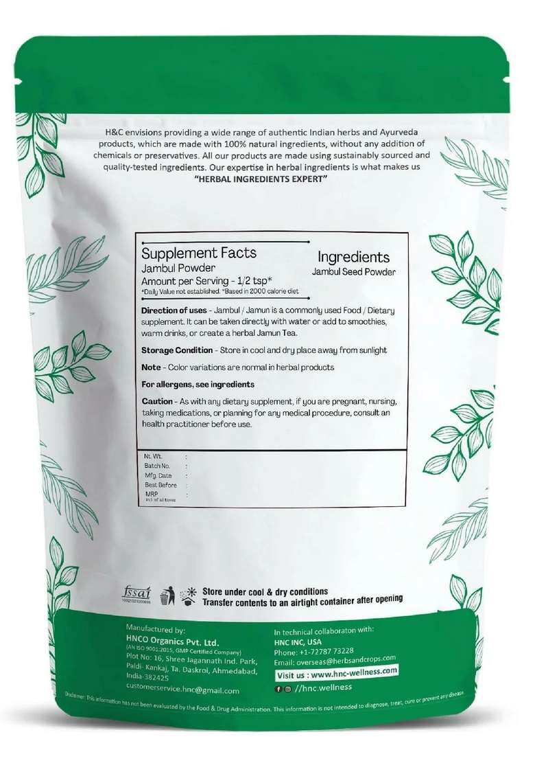 Healthnwellness H&C Natural Jambul Seed Powder 100Gm - Blood Sugar Support & Metabolic Wellness - Indya