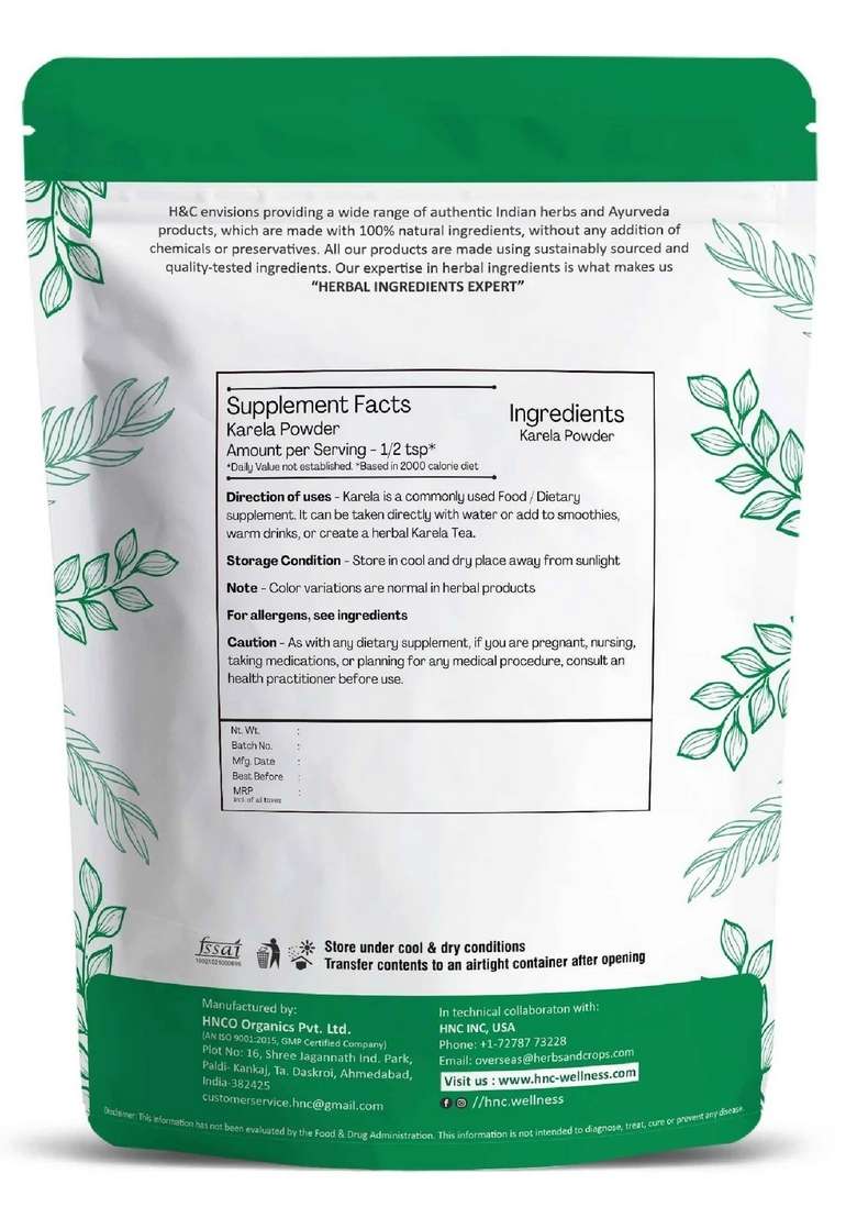 Healthnwellness H&C Natural Karela Powder 100Gm - Blood Sugar Balance & Metabolic Support - Indya