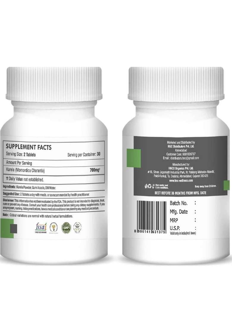 Healthnwellness H&C Natural Karela Tablet 350Mg - Blood Sugar Support & Metabolic Wellness 60 Tablets - Indya