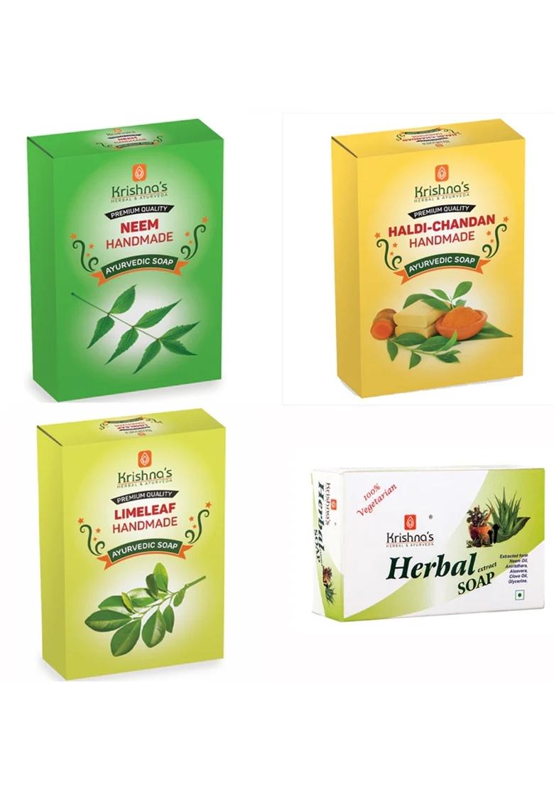 Krishna'S Ayurveda Natural Handmade Soaps Combo -Haldi Chandan | Neem | Herbal | Lime Leaf Soap Pack Of 4