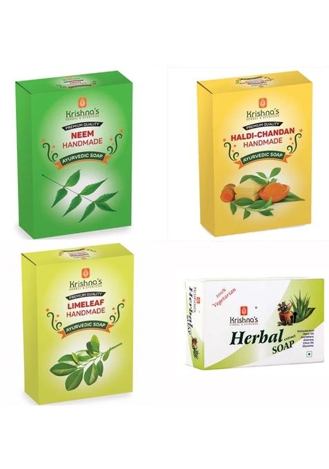 Krishna'S Ayurveda Natural Handmade Soaps Combo -Haldi Chandan | Neem | Herbal | Lime Leaf Soap Pack Of 4