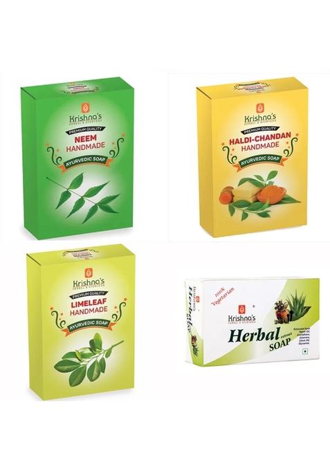 Krishna'S Ayurveda Natural Handmade Soaps Combo -Haldi Chandan | Neem | Herbal | Lime Leaf Soap Pack Of 4