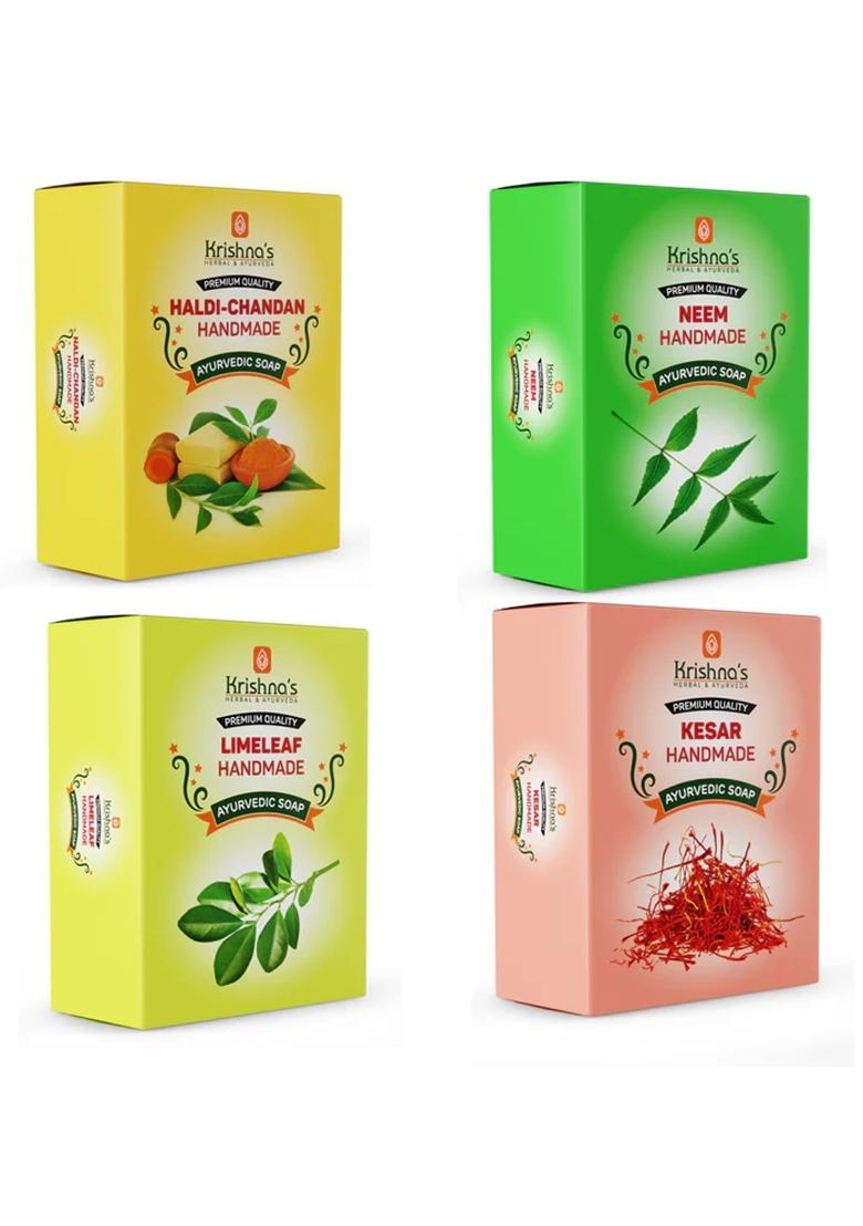 Krishna'S Ayurveda Natural Handmade Soaps Combo -Kesar | Neem | Lime Leaf | Haldi Chandan Soap Pack Of 4