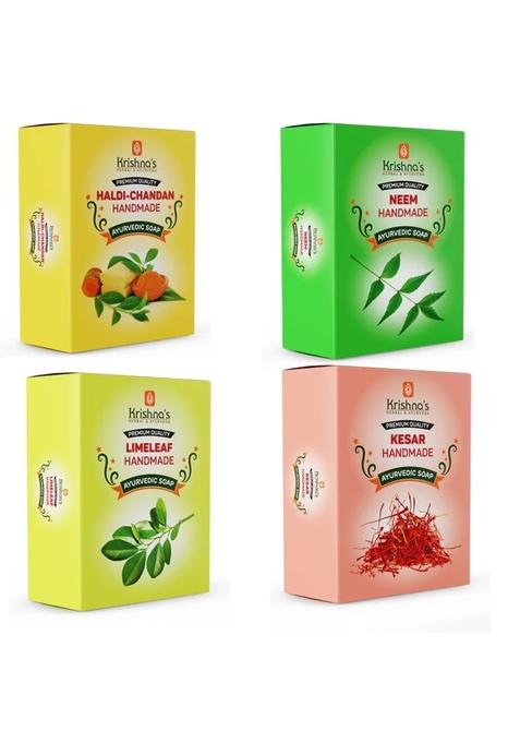 Krishna'S Ayurveda Natural Handmade Soaps Combo -Kesar | Neem | Lime Leaf | Haldi Chandan Soap Pack Of 4
