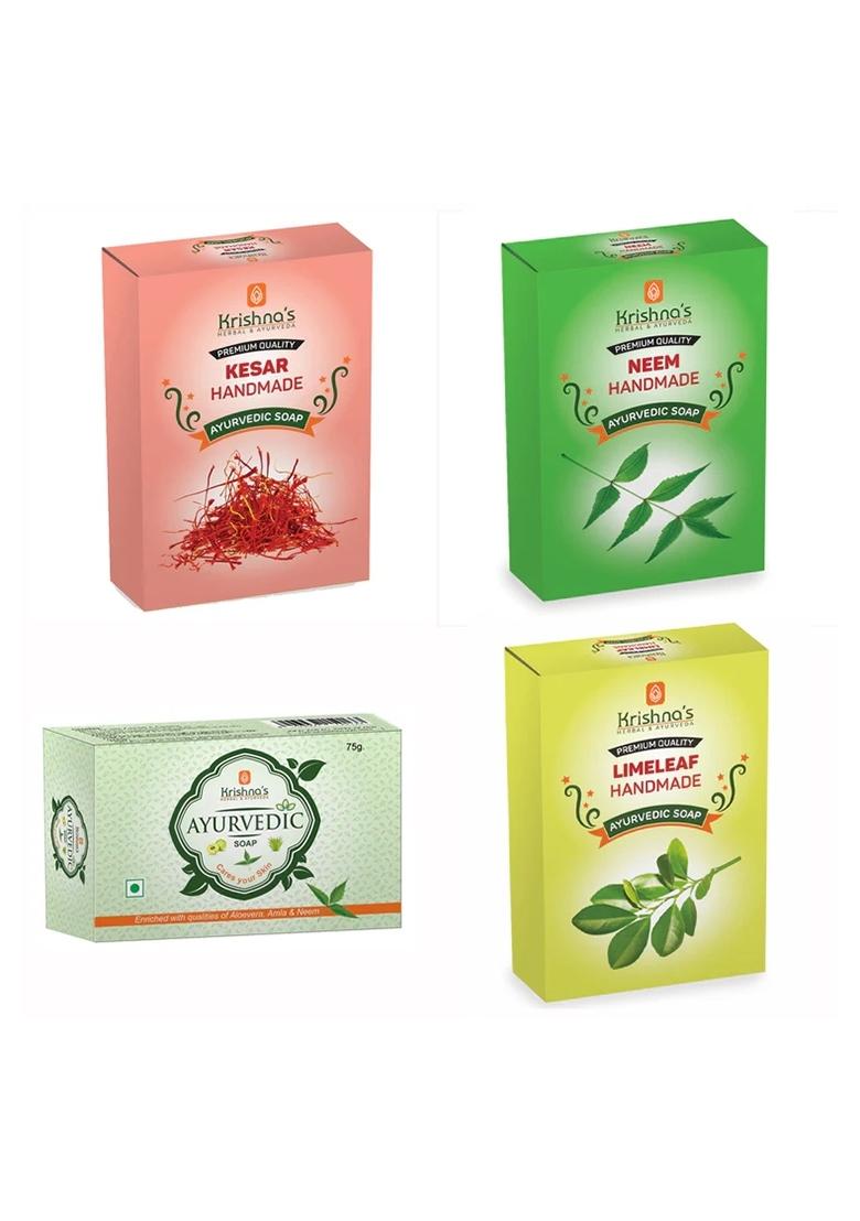 Krishna'S Ayurveda Natural Handmade Soaps Combo -Kesar | Neem | Lime Leaf | Ayurvedic Soap Pack Of 4