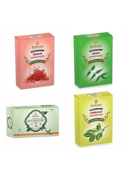 Krishna'S Ayurveda Natural Handmade Soaps Combo -Kesar | Neem | Lime Leaf | Ayurvedic Soap Pack Of 4