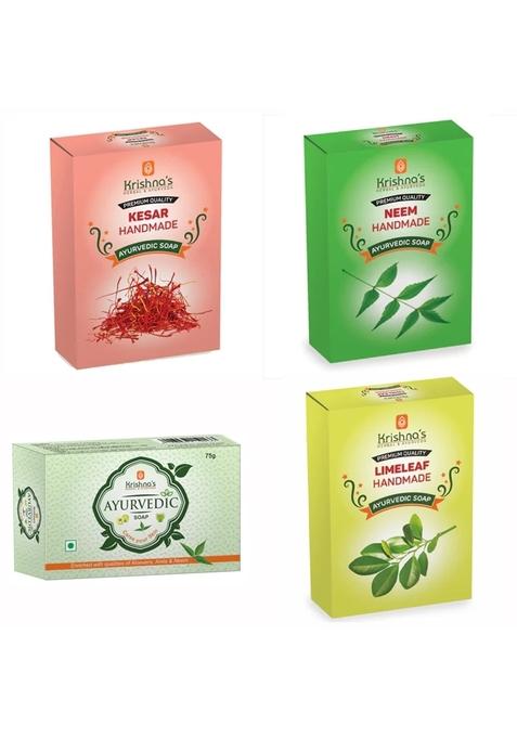 Krishna'S Ayurveda Natural Handmade Soaps Combo -Kesar | Neem | Lime Leaf | Ayurvedic Soap Pack Of 4
