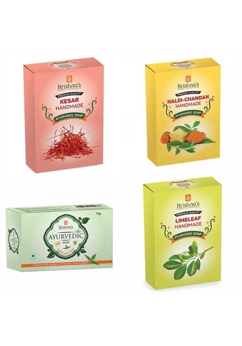 Krishna'S Ayurveda Natural Handmade Soaps Combo- Kesar | Haldi Chandan | Lime Leaf | Ayurvedic Soap Pack Of 4