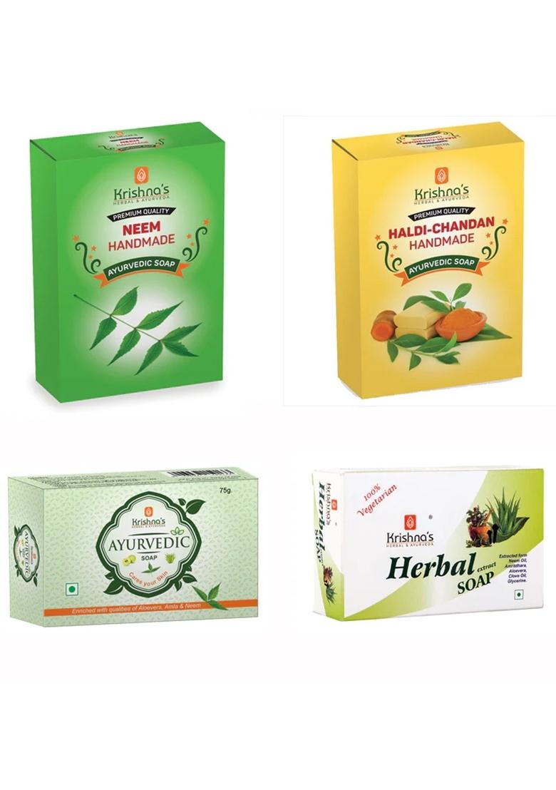 Krishna'S Ayurveda Natural Handmade Soaps Combo -Haldi | Chandan| Neem | Herbal | Ayurvedic Soap Pack Of 4