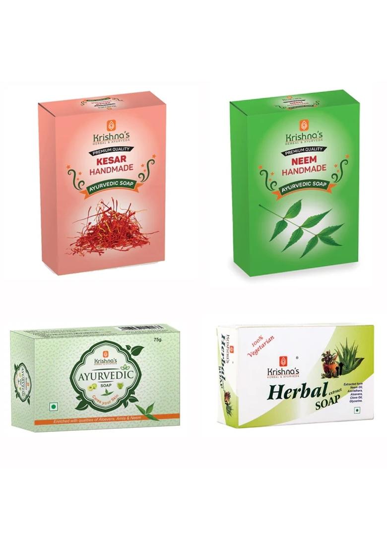 Krishna'S Ayurveda Natural Handmade Soaps Combo -Kesar | Neem | Herbal | Ayurvedic Soap Pack Of 4
