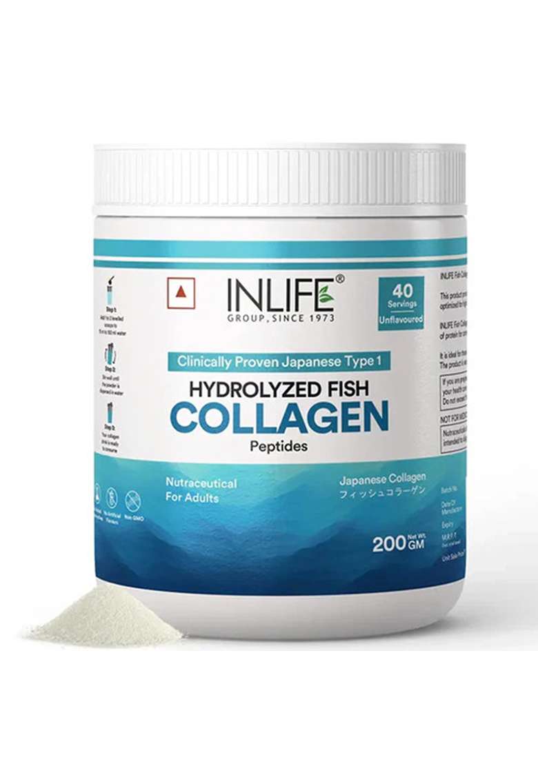 Inlife Hydrolyzed Japanese Marine Fish Collagen Peptides Powder | Clinically Proven Ingredient | 200G Unflavored - Indya
