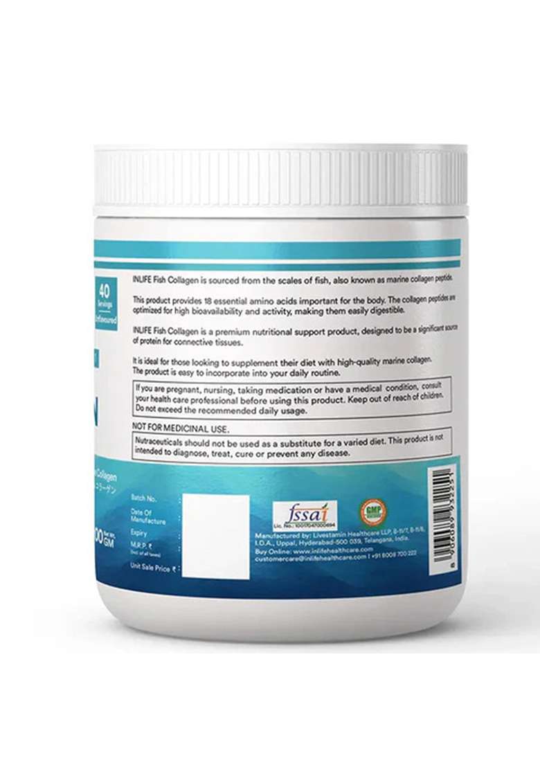 Inlife Hydrolyzed Japanese Marine Fish Collagen Peptides Powder | Clinically Proven Ingredient | 200G Unflavored - Indya