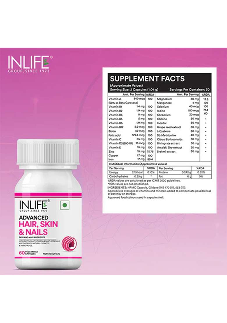 Inlife Advanced Hair, Skin & Nails Supplement | Veg. Capsules - Indya