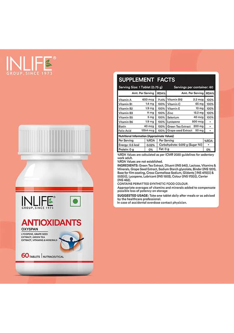 Inlife Antioxidants Supplement With Lycopene, Grape Seed, Green Tea Extract Tablets - Indya