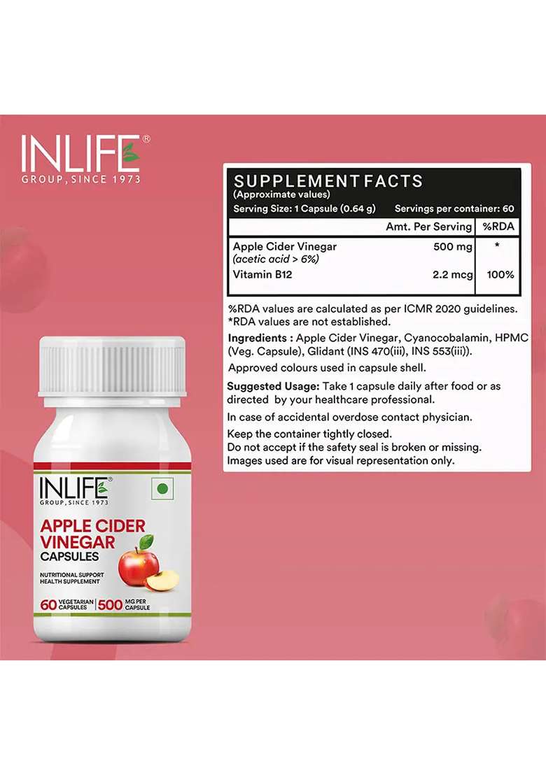 Inlife Apple Cider Vinegar Supplement, 500Mg | Vegetarian Capsules - Indya