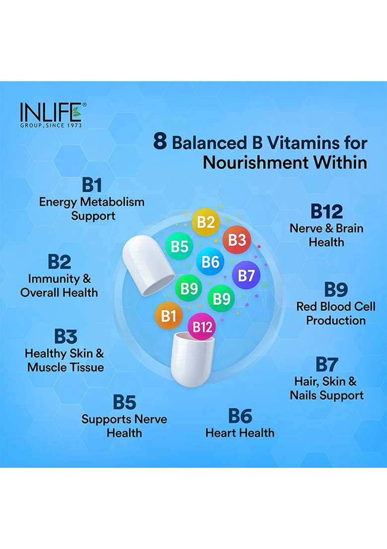 Inlife B-Complex Supplement | 8 Essential B-Vitamins With Alpha Lipoic Acid, Inositol & Choline | Vegetarian Capsules - Indya