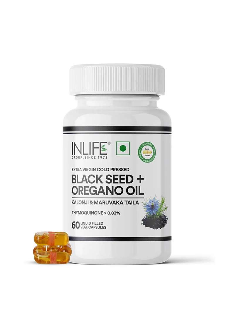 Inlife Black Seed Oil (480 Mg) & Oregano Oil (20 Mg, 50:1) Capsules, Extra Virgin Cold-Pressed | Thymoquinone > 0.83% | Carvacrol > 80% | Liquid-Filled Veg Capsules - Indya