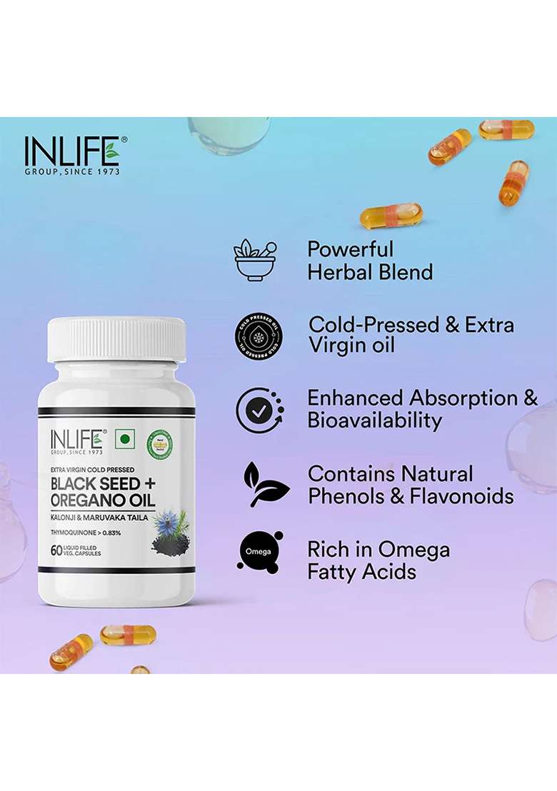 Inlife Black Seed Oil (480 Mg) & Oregano Oil (20 Mg, 50:1) Capsules, Extra Virgin Cold-Pressed | Thymoquinone > 0.83% | Carvacrol > 80% | Liquid-Filled Veg Capsules - Indya